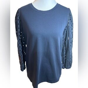 Chico’s Navy Eyelet Sleeve Top Women’s Size Small Long Sleeve Knit Blouse